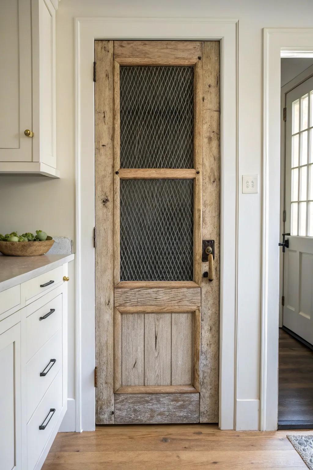 Vintage screen door turned pantry door—airy mesh, warm wood, and modern farmhouse charm.