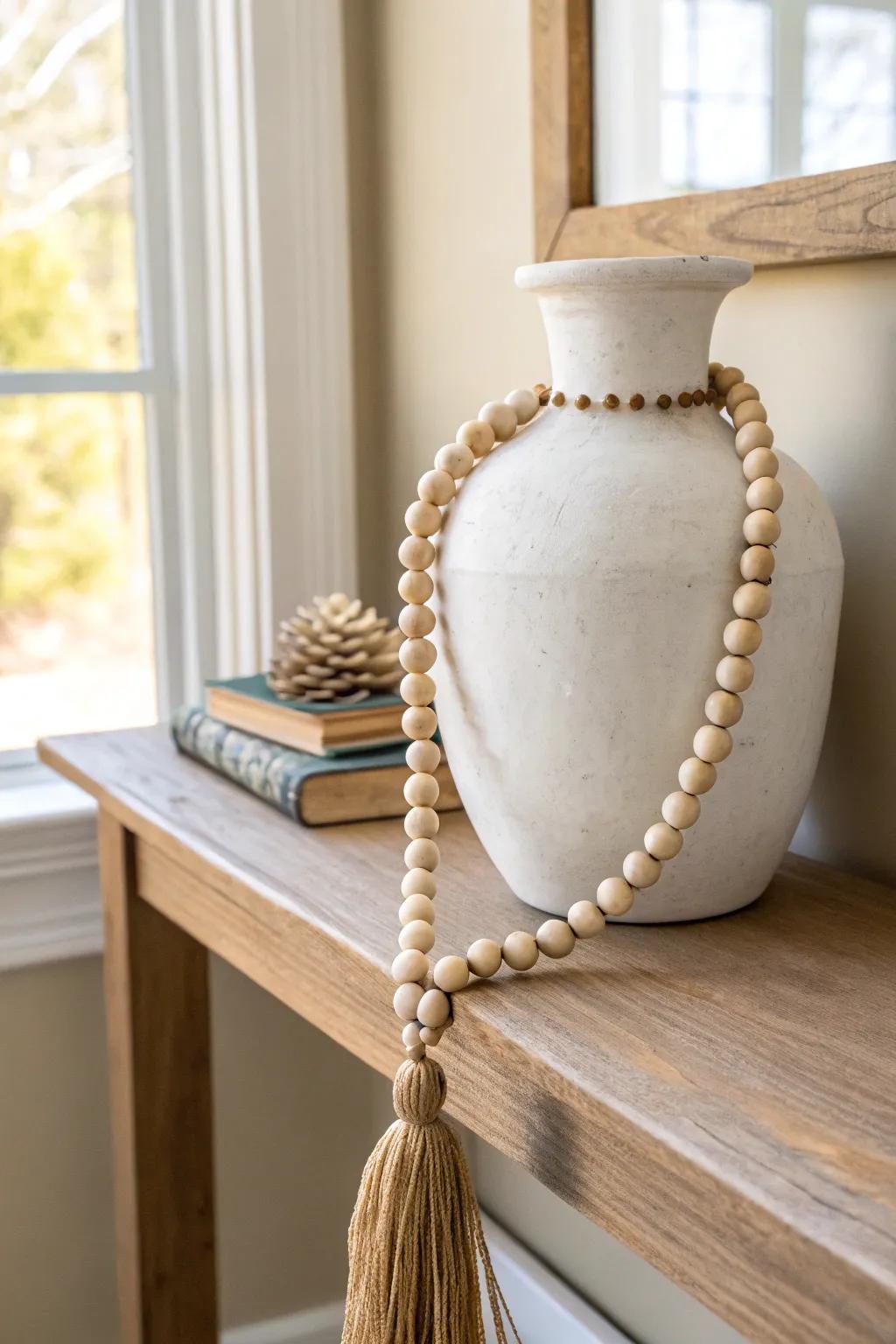 A simple wood bead garland looped around a vase adds effortless farmhouse shelf warmth.