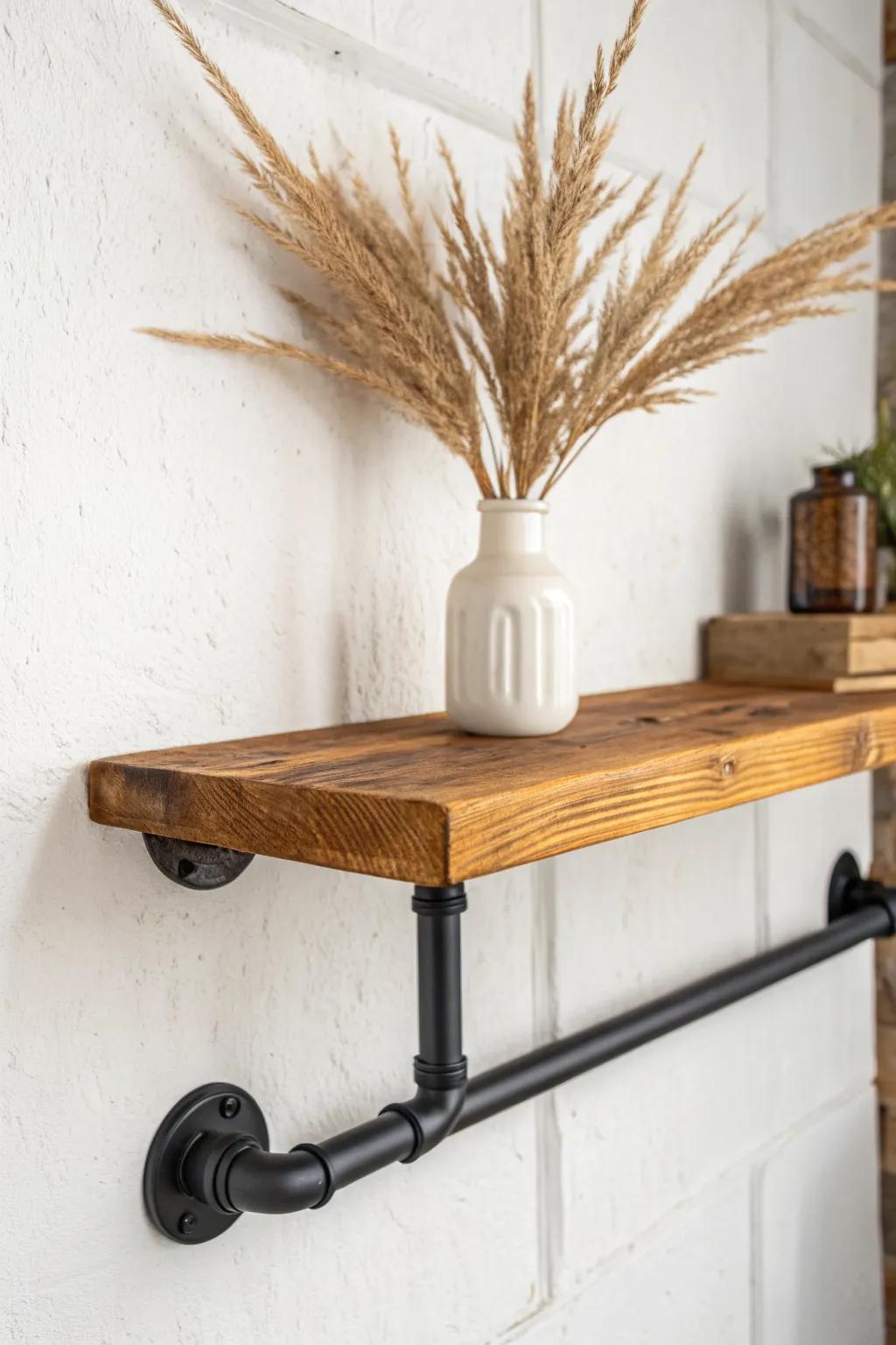 Industrial pipe-and-wood farmhouse shelf—warm reclaimed wood and matte black hardware.