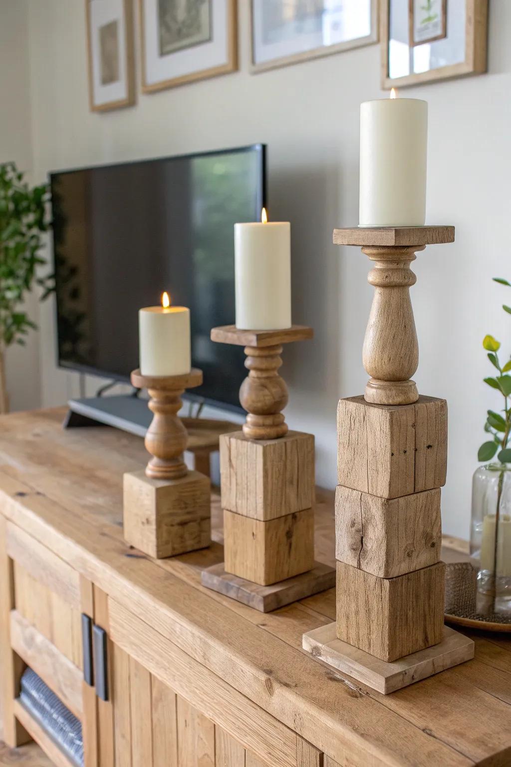 Warm farmhouse TV stand decor: vary candlestick heights for an easy, custom look.