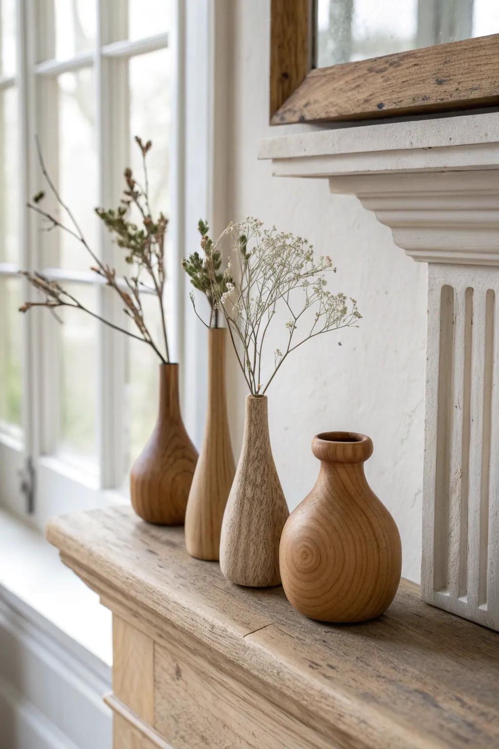 A trio of turned wood bud vases—scrap-made, sealed, and styled with soft dried stems.
