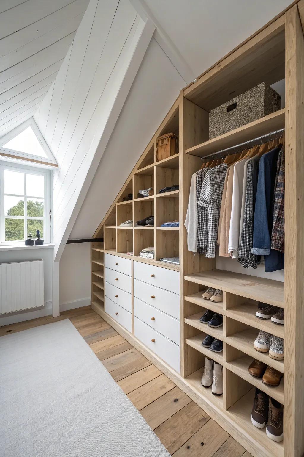 Angled attic shelving makes awkward rooflines a beautiful, hardworking farmhouse closet feature.
