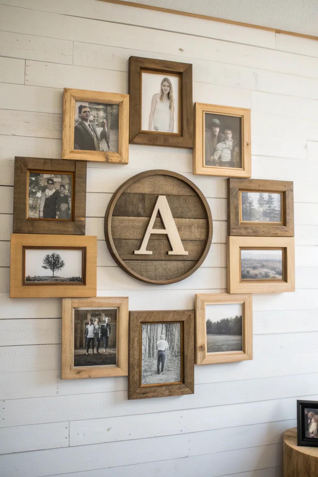 A handcrafted wood monogram surrounded by mixed frames—simple, personal, farmhouse perfection.
