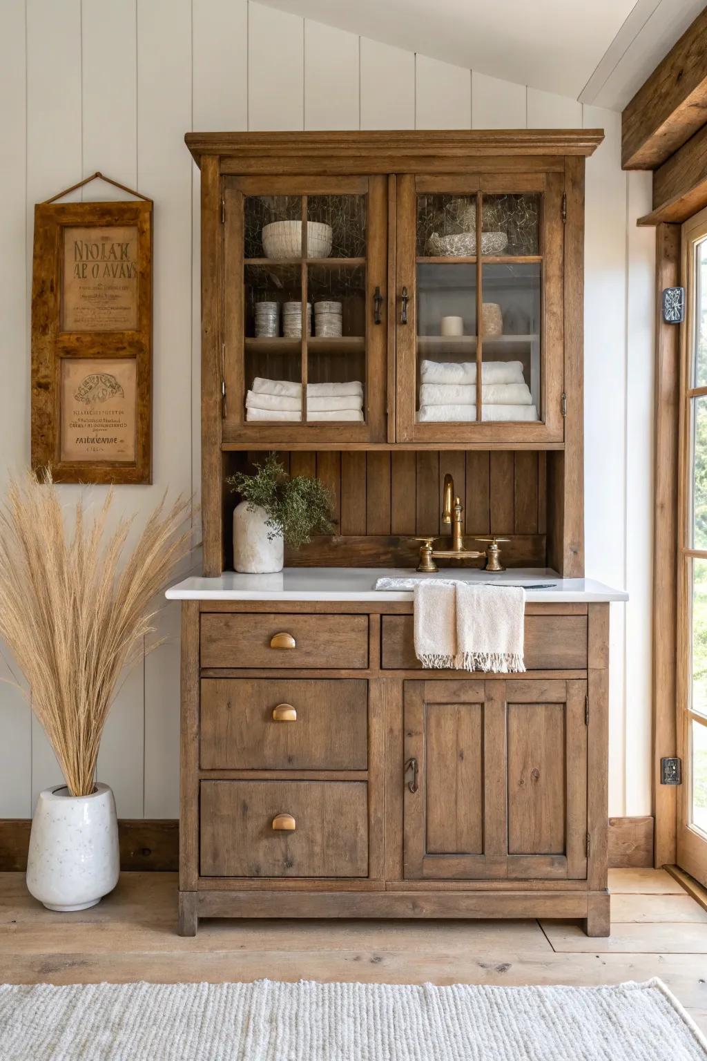 Vintage hutch turned farmhouse wet bar—worn wood, brass faucet, and clean minimalist charm.