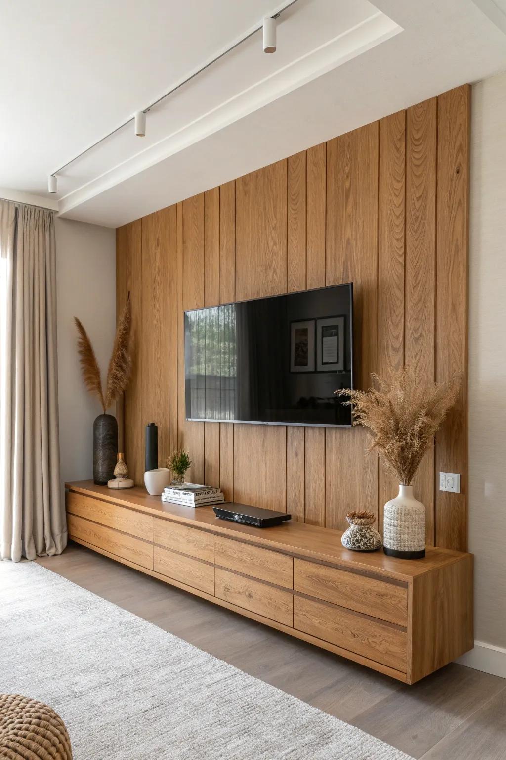 A faux wood media wall with hidden cables—warm, clean lines and zero cord clutter.