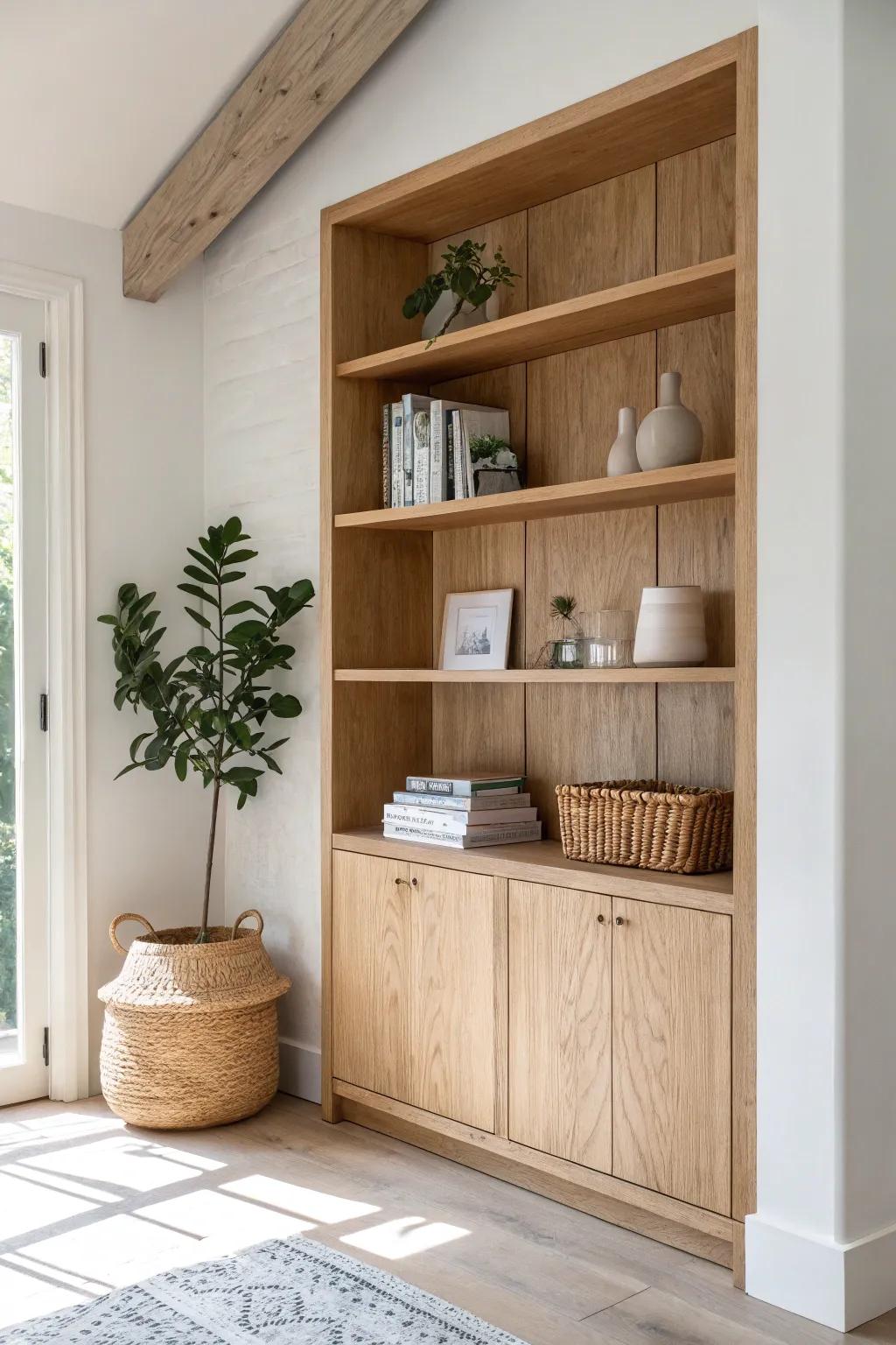 Built-in shelves that double as a feature wall—clean lines, warm wood, and breathing room.