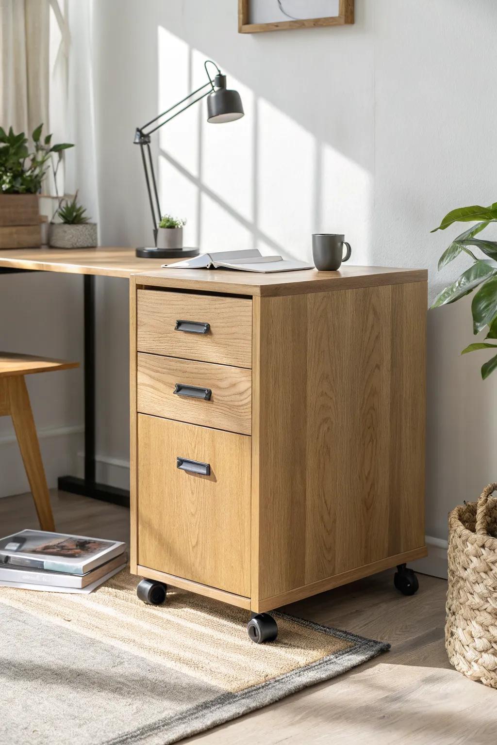 Rolling file cabinet desk on locking casters—easy to park, shift, and restyle your flex space.