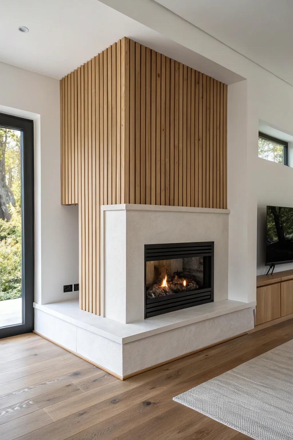 L-shaped fireplace bump out with a return wall—clean, built-in look that adds corner presence.