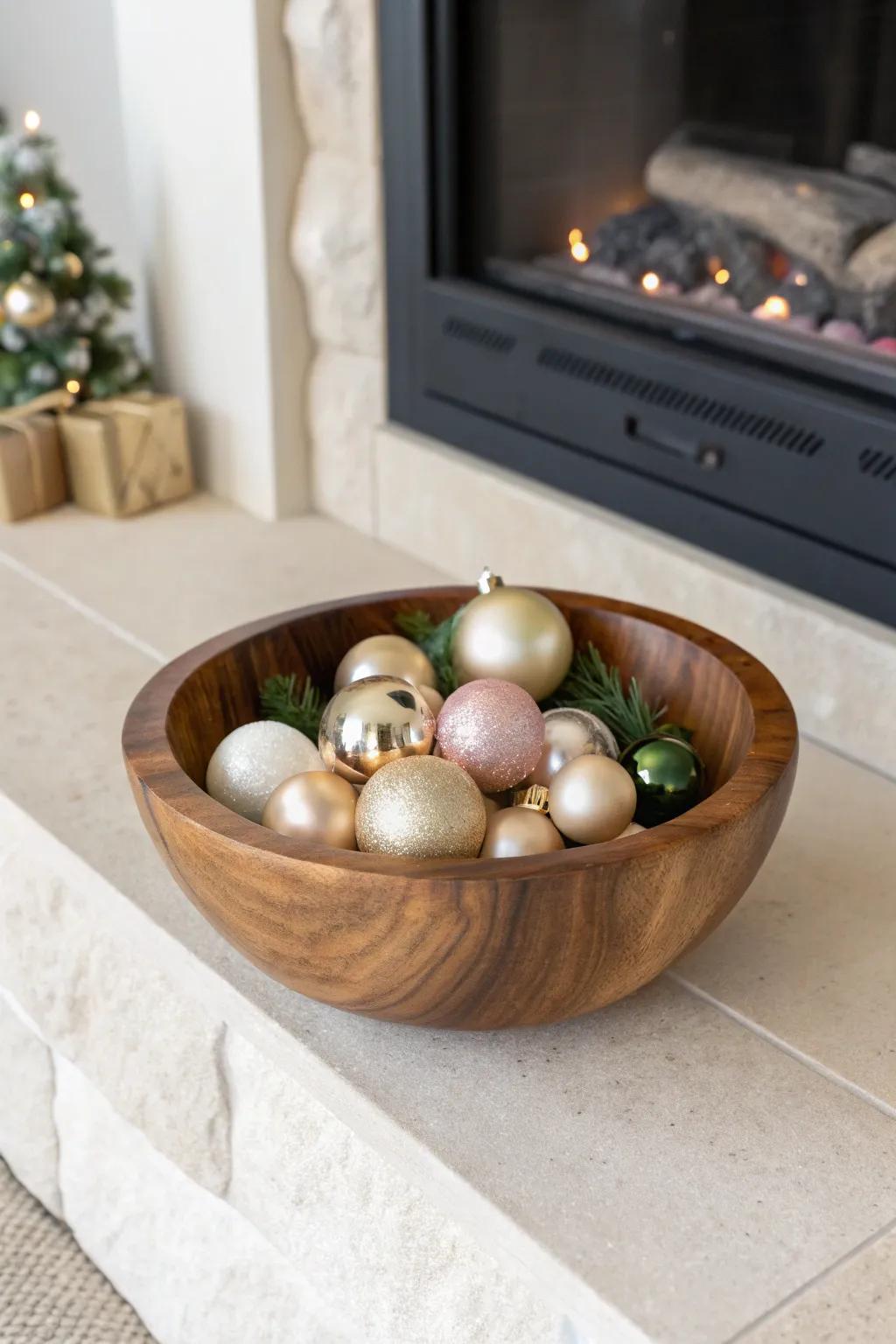 Hand-turned wooden bowl of shimmering ornaments—simple, cozy hearth styling for Christmas.