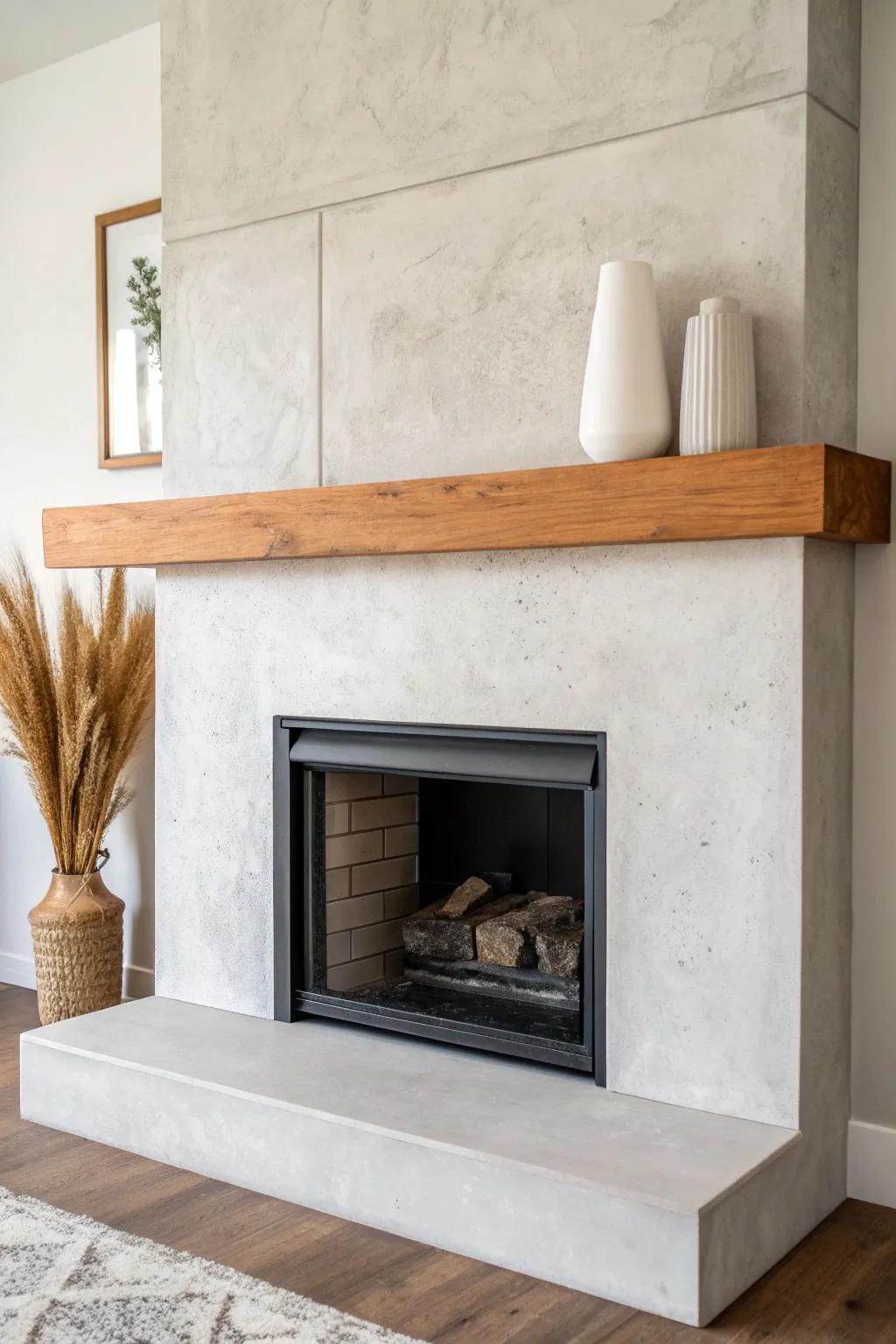 Concrete-look minimal fireplace facade with a chunky oak mantel—clean lines, warm contrast.