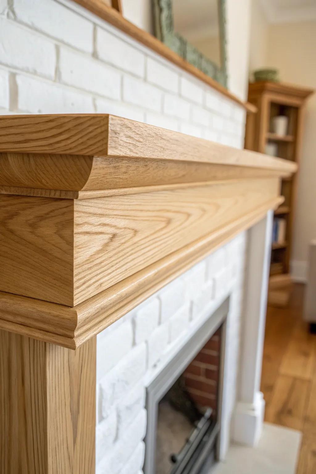 Instant mantel refresh: a sleek oak cap layer brings crisp edges and warm, modern charm.