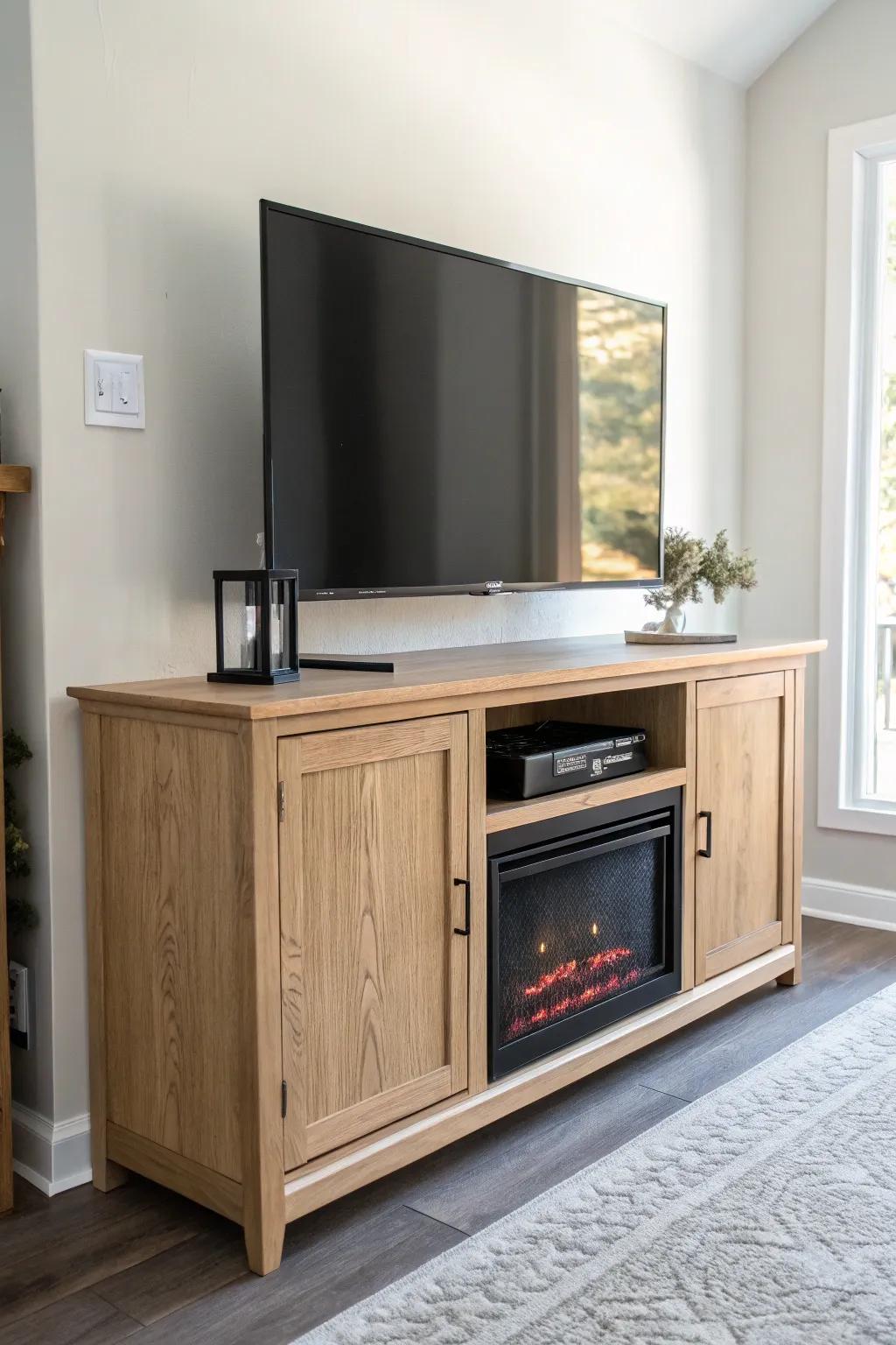 No-drill faux mounted TV look: a sleek oak fireplace stand with a clean, floating-screen stack.