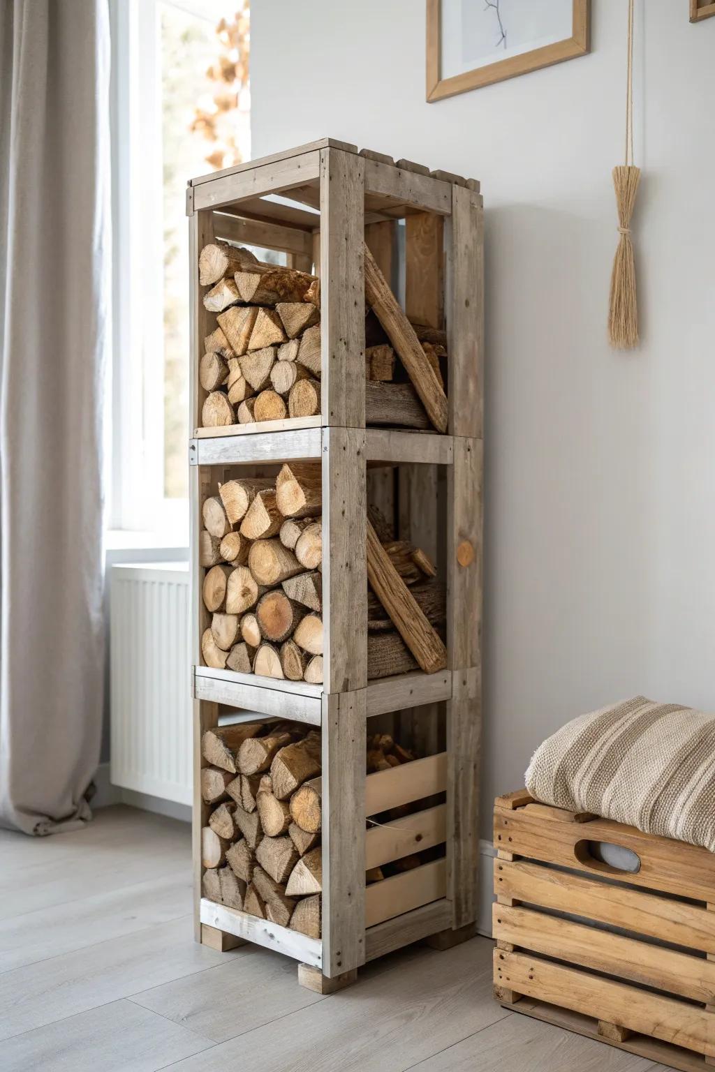 Stacked vintage crates turn firewood into a cozy, collected indoor statement piece.