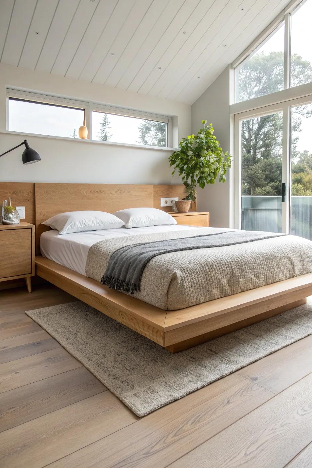 Seamless oak “wing” extensions turn your floating bed into built-in cantilevered nightstands.