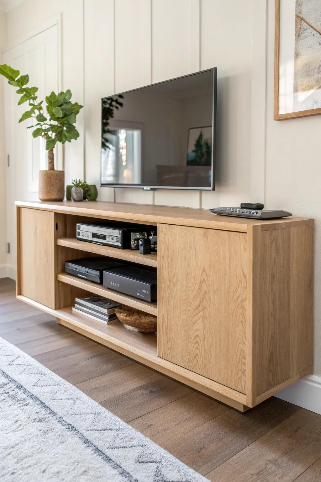 Flip-down doors keep your floating media cabinet sleek—while access stays effortless.