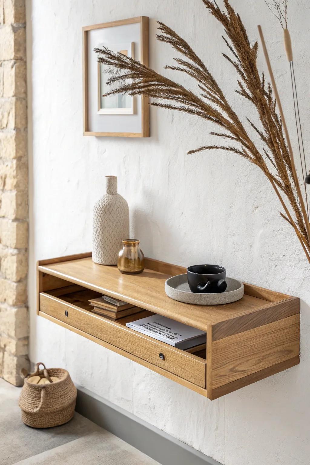 Floating shelf bar with a hidden pull-out mixing tray—minimal, warm oak, and beautifully practical.