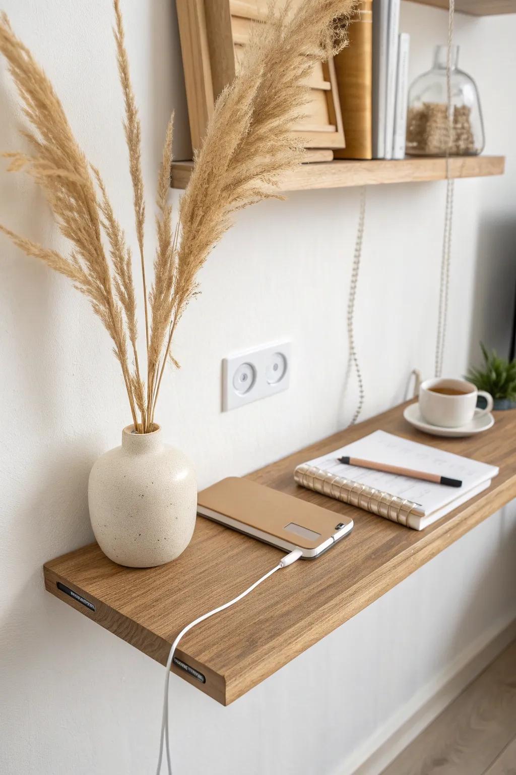 Hidden charging floating shelf in light oak—clean cables, cozy minimal office styling.