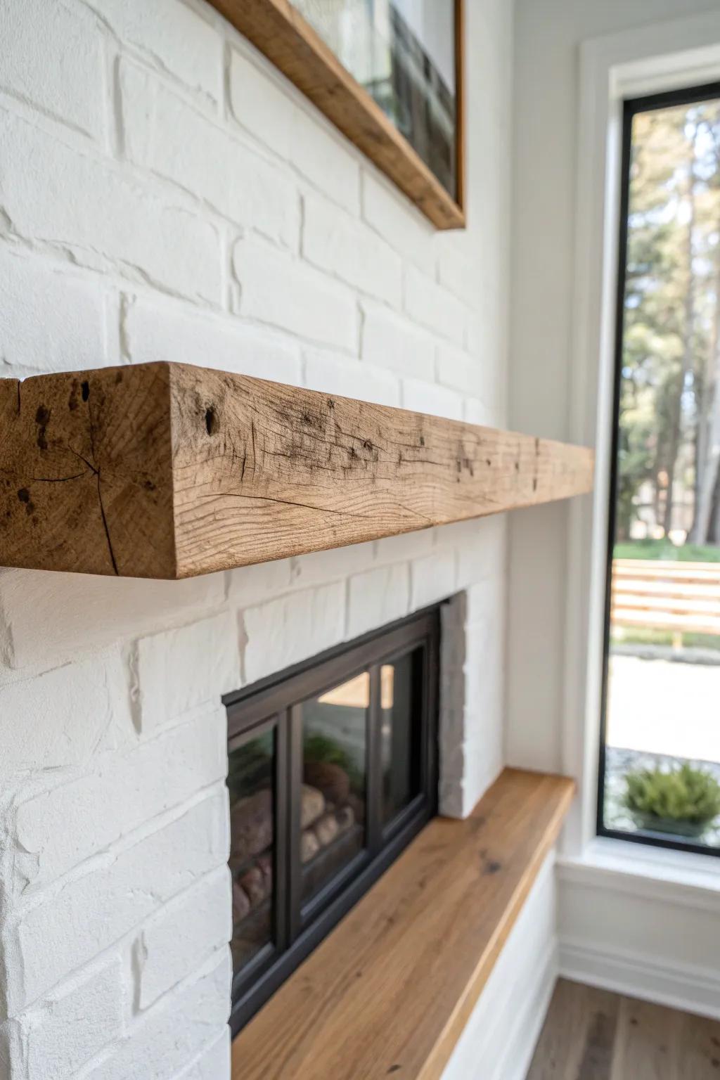 Reclaimed wood floating shelf beside the fireplace—raw knots and patina for cozy rustic warmth.