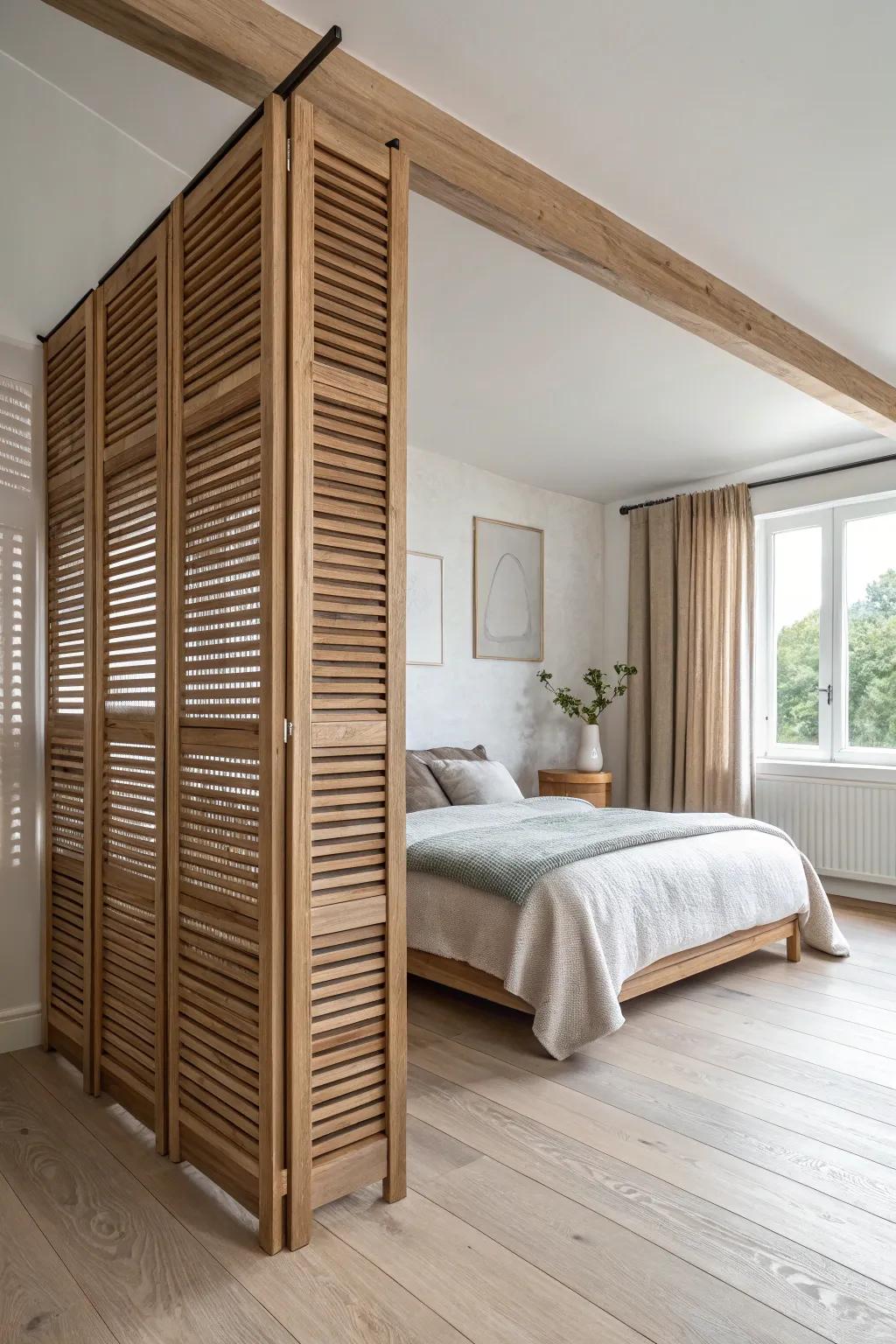 Floor-to-ceiling oak louver divider—airy privacy with beautiful grain and soft striped shadows.