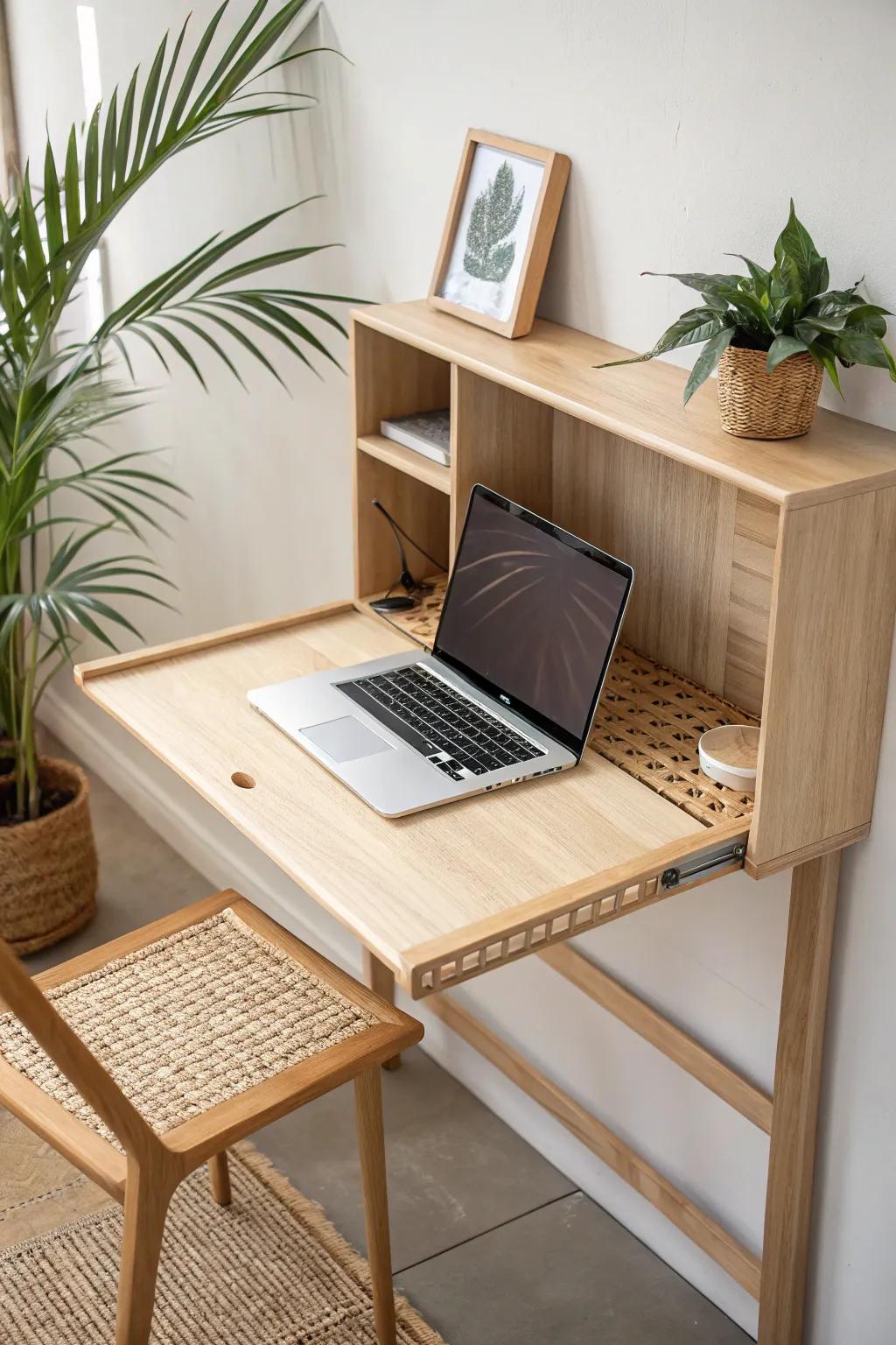 Fold-down desk idea: a lift-up keyboard tray adds comfort without sacrificing a minimalist look.
