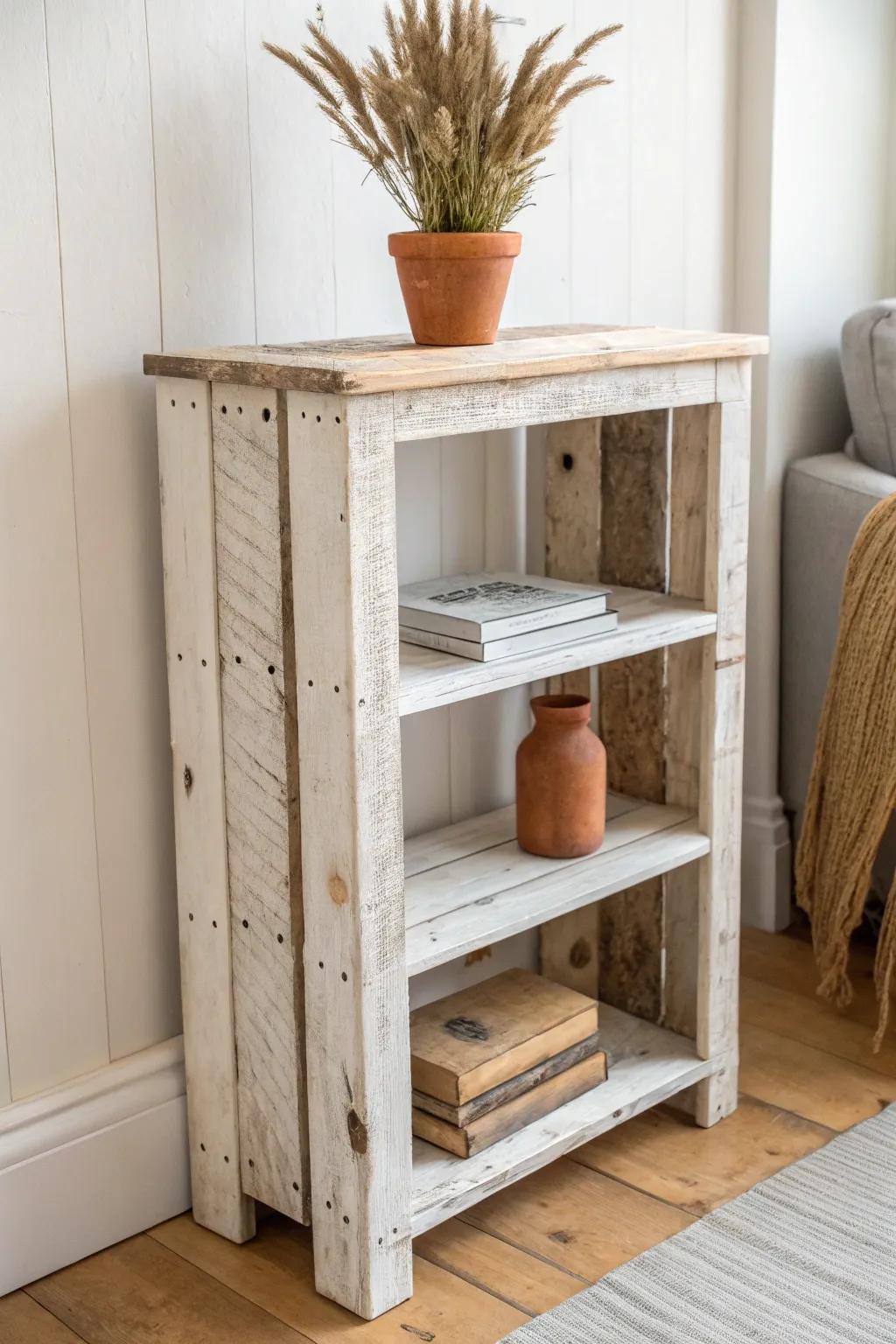 Reclaimed pallet shelf unit—rustic charm, smooth finish, and minimalist boho styling.