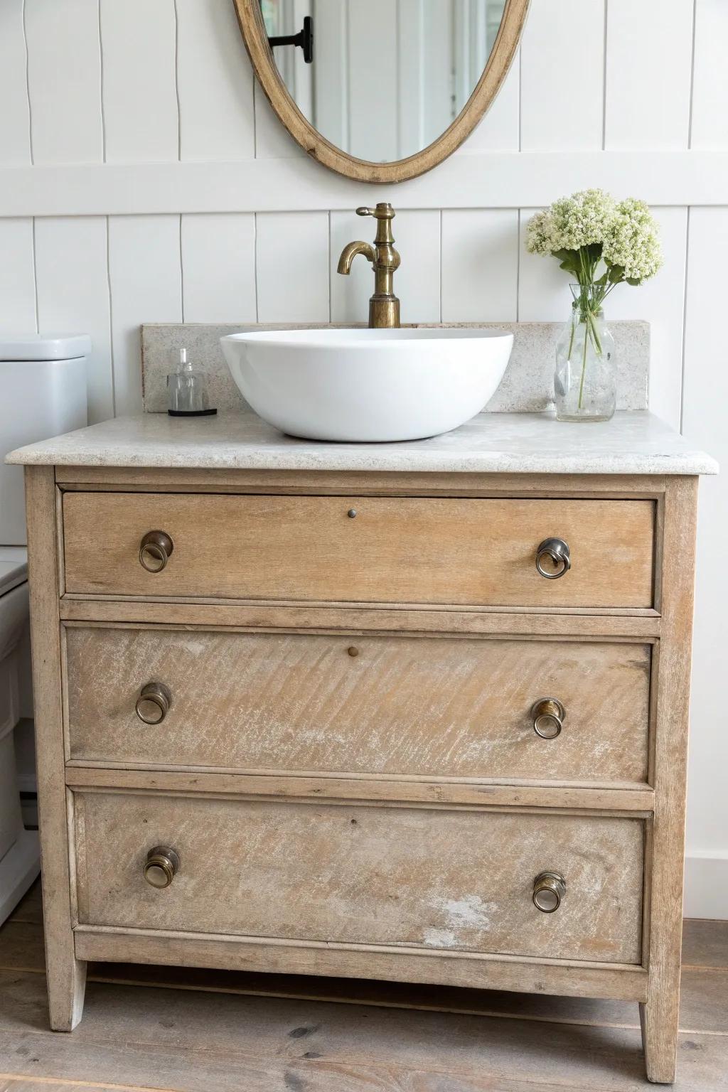 A timeworn dresser turned vanity—sealed for splashes, softly aged for French cottage charm.