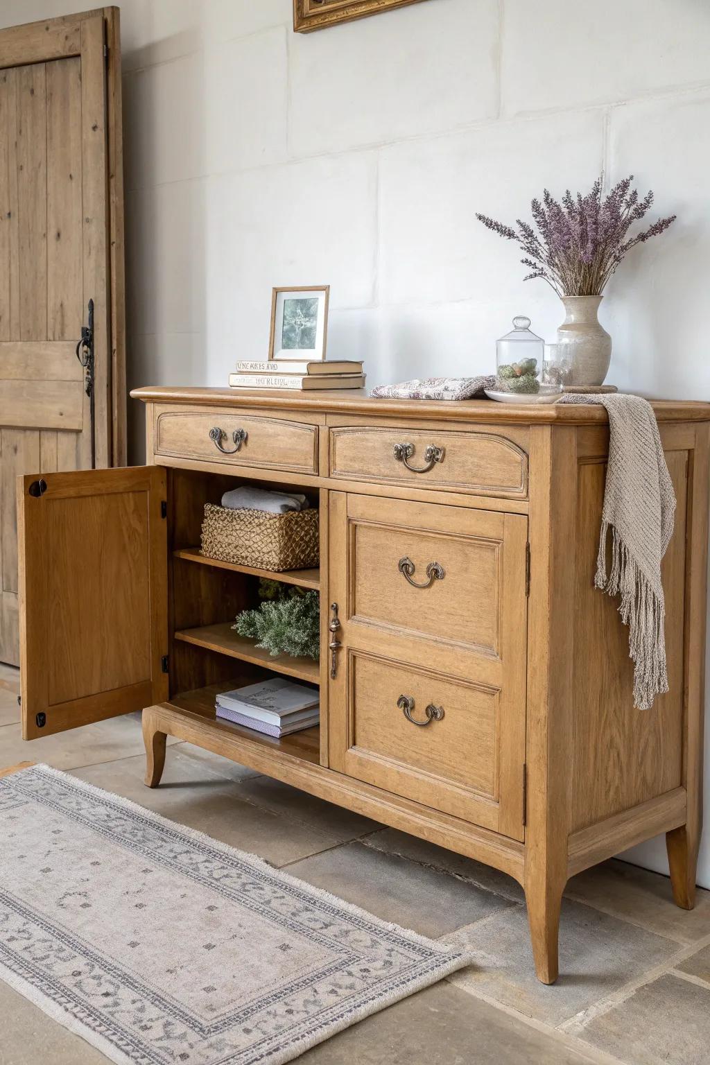 French country entryway: a wood sideboard that hides clutter with beautiful divided drawers.