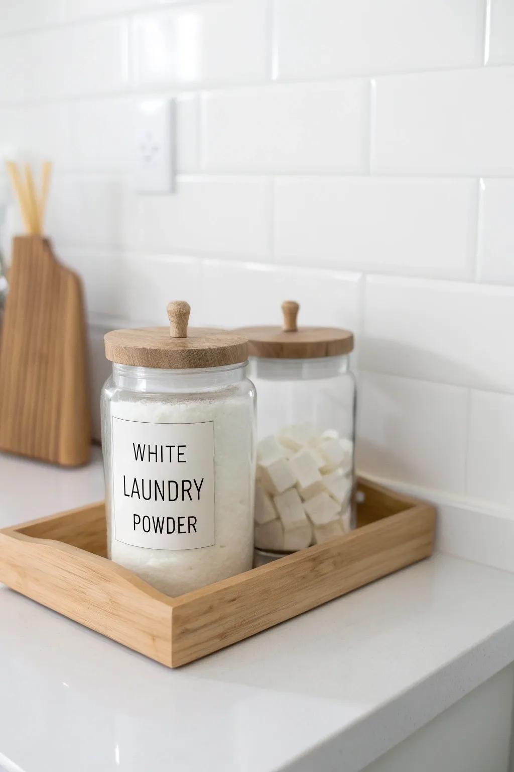 Simple glass jars with pretty labels, styled on a wooden tray for calm French-country order.
