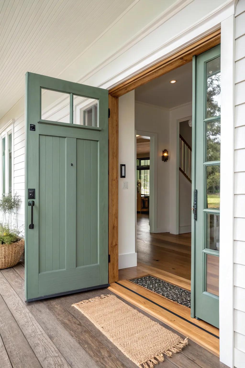 Two-tone French door: calm greige inside, bold forest green outside—minimal, crafted, chic.