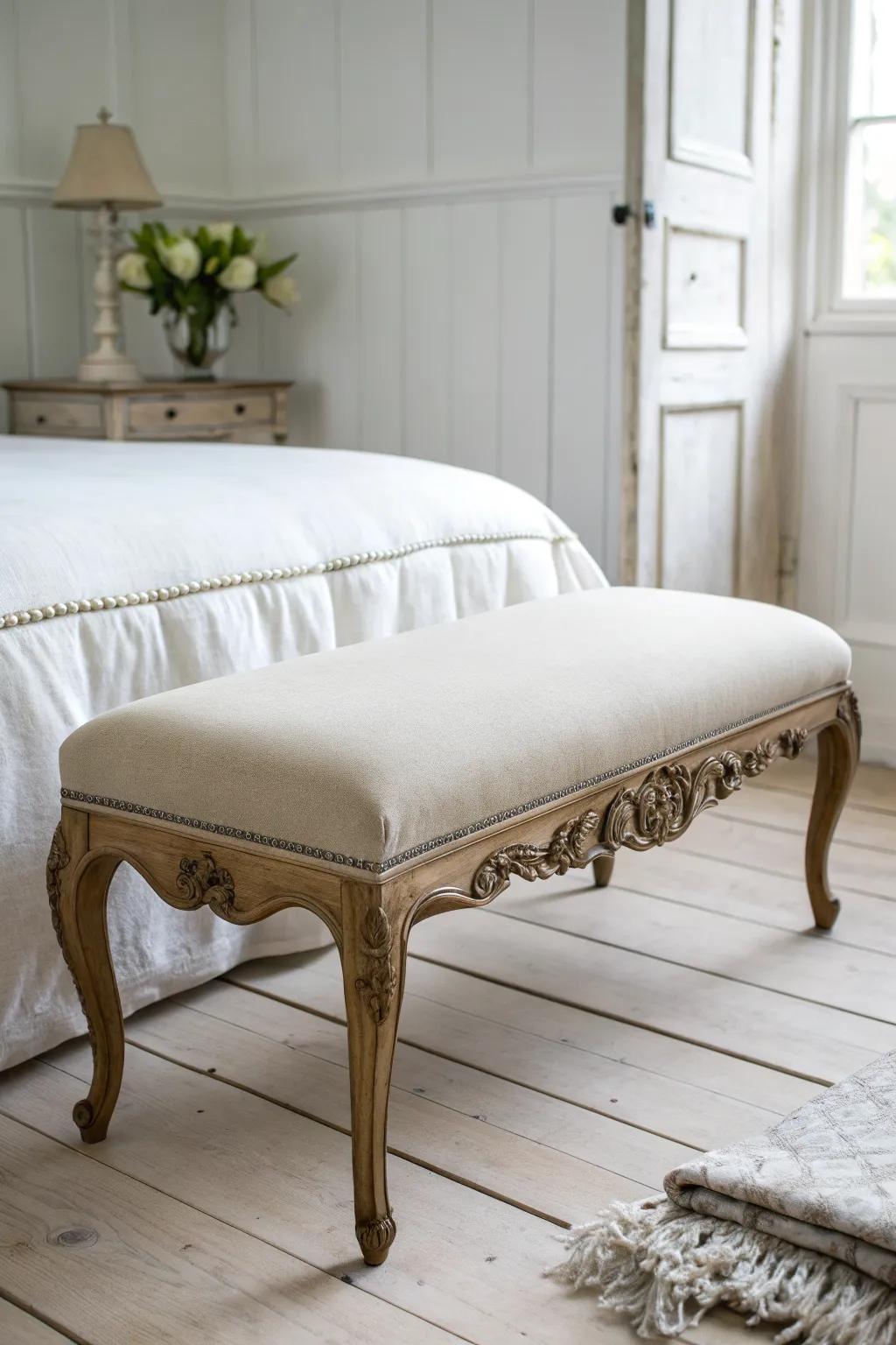 A carved French provincial bench—neutral linen and warm wood—perfect at the foot of the bed.