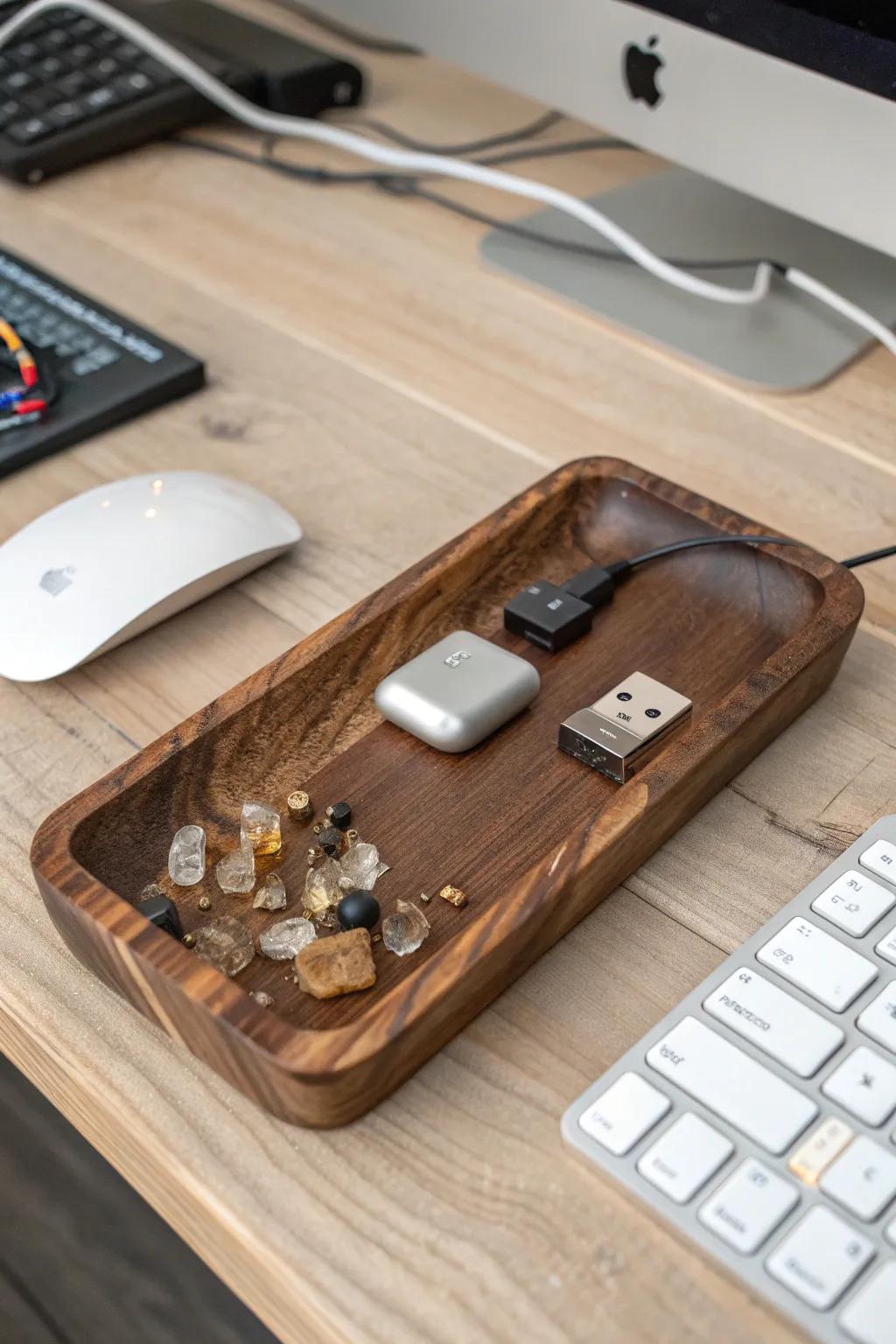 Rustic walnut + glossy resin tray to keep tiny gaming gear tidy and beautifully displayed.