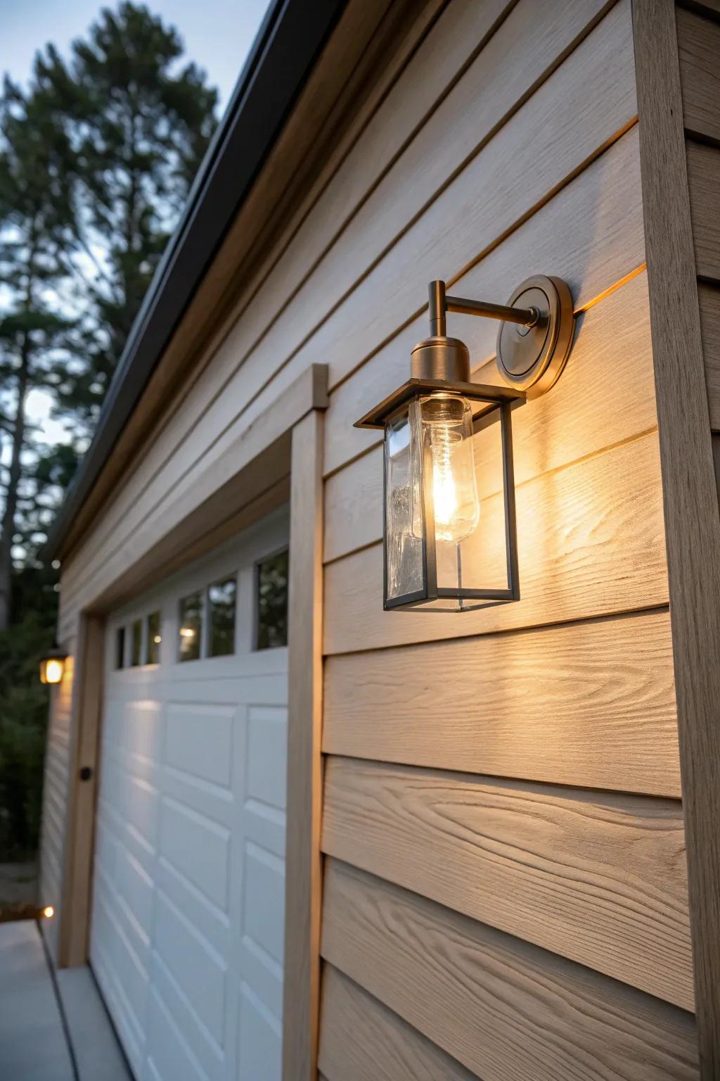 Warm brass sconce glow that frames your garage door with Scandinavian curb appeal.