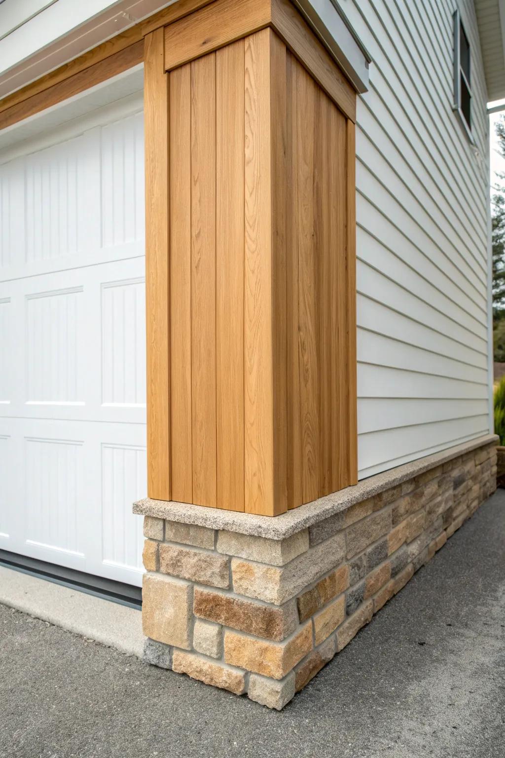 Wood trim meets brick base piers for a grounded, upscale garage-door column look.