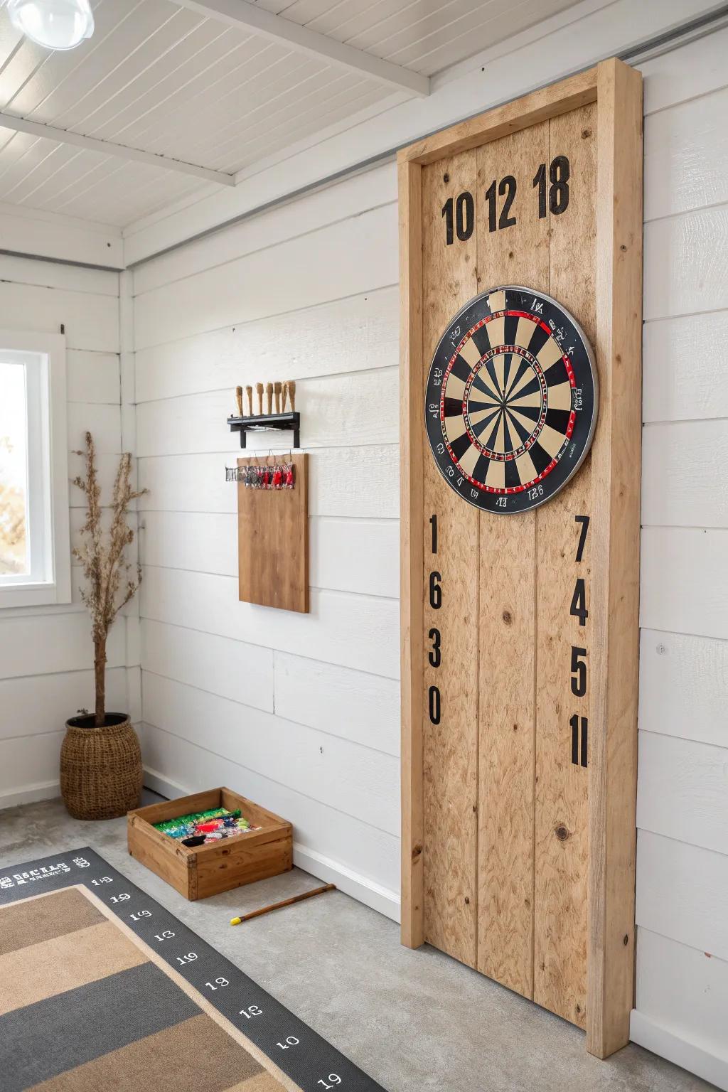 Wall-mounted game corner: a handmade scrap-wood scoreboard with a clean, cozy dart setup.