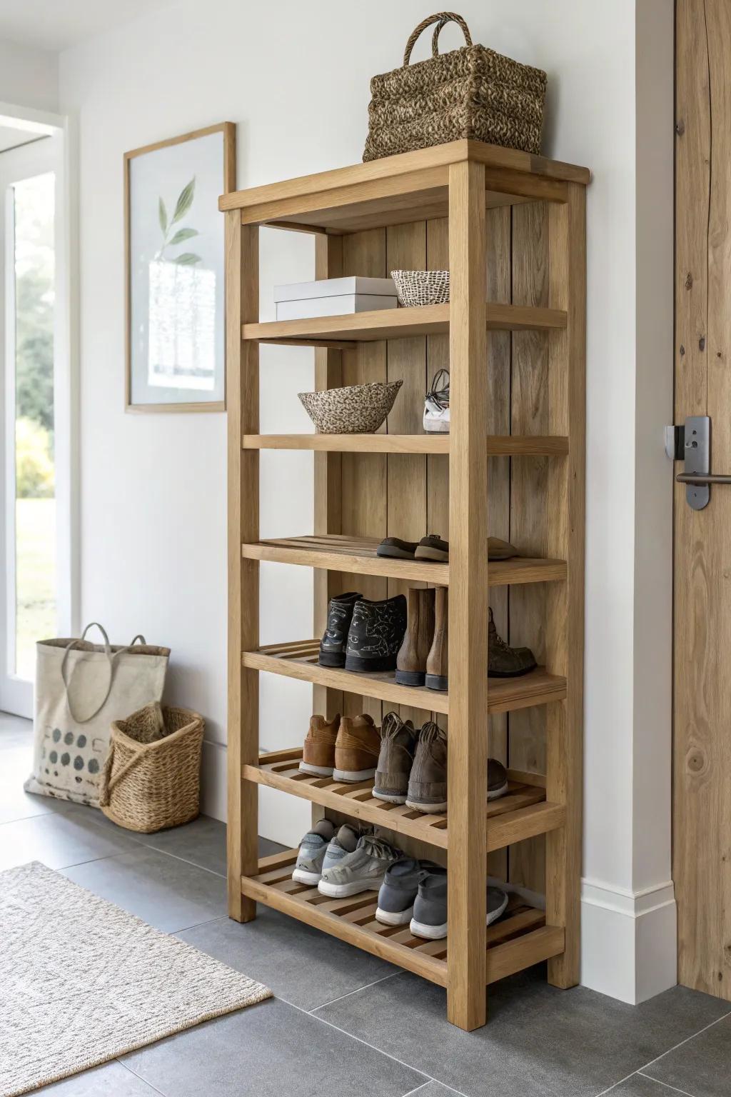 Ceiling-high oak shoe rack with an overflow top shelf—clean, airy storage for tight garages.
