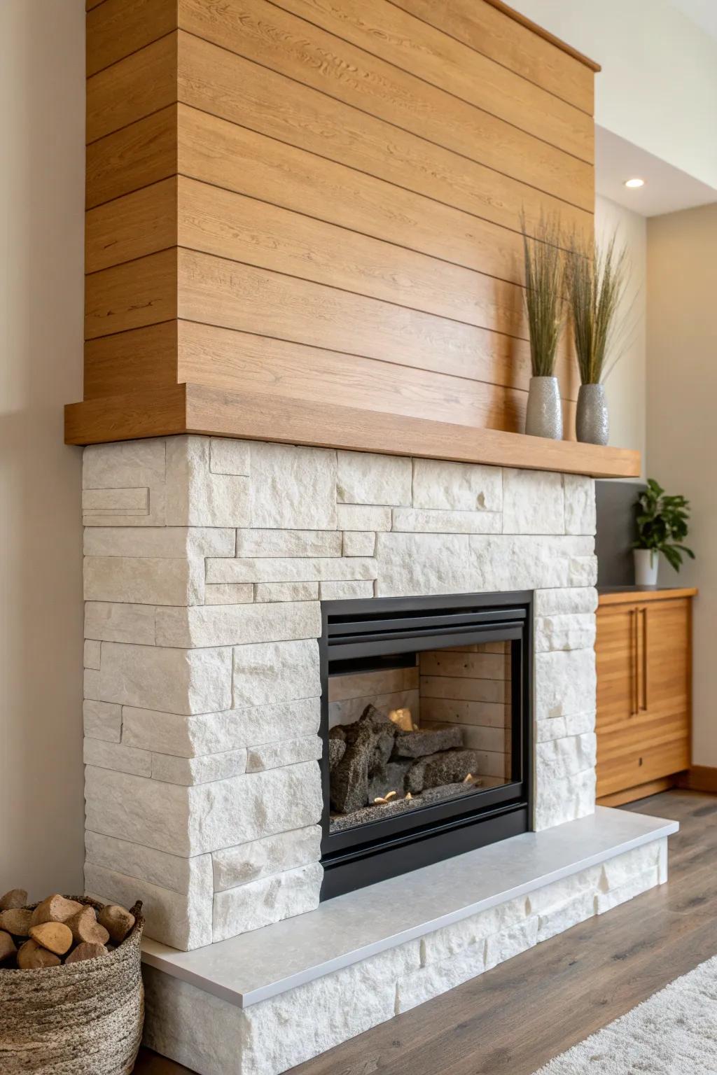 Two-tone stone base + warm wood top for a rustic-modern gas fireplace with clean, crafted contrast.