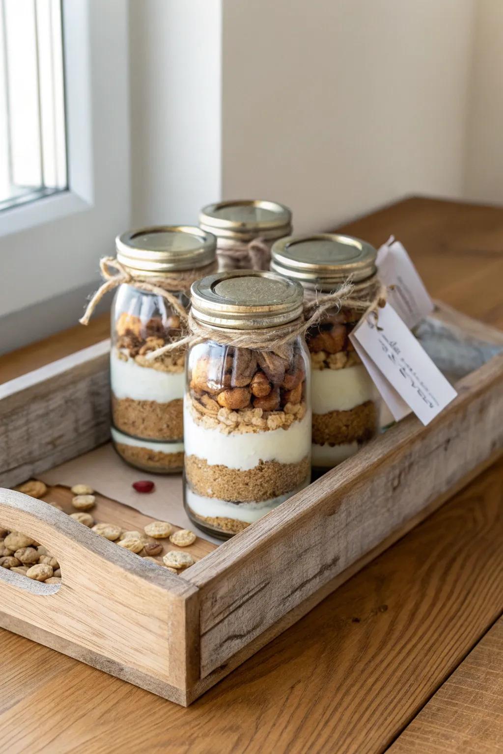 Upcycled wooden pantry tray with vintage jars—thrifted charm, minimalist warmth, handmade feel.