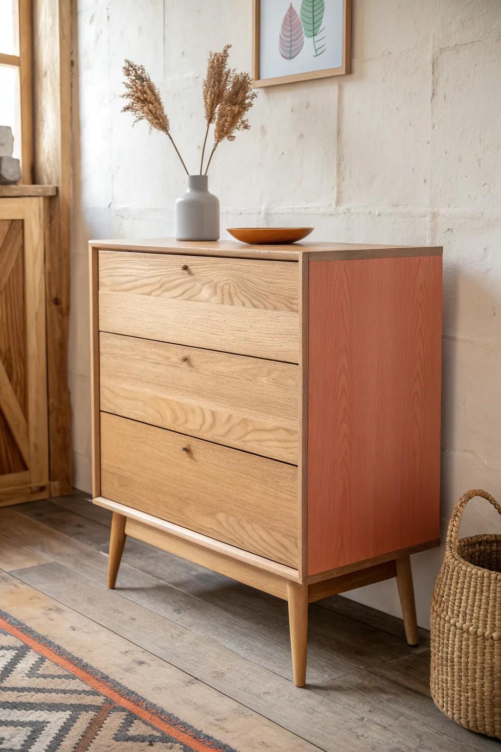 Dipped terracotta bottom + natural wood top—bold, modern, and scuff-hiding at the feet.