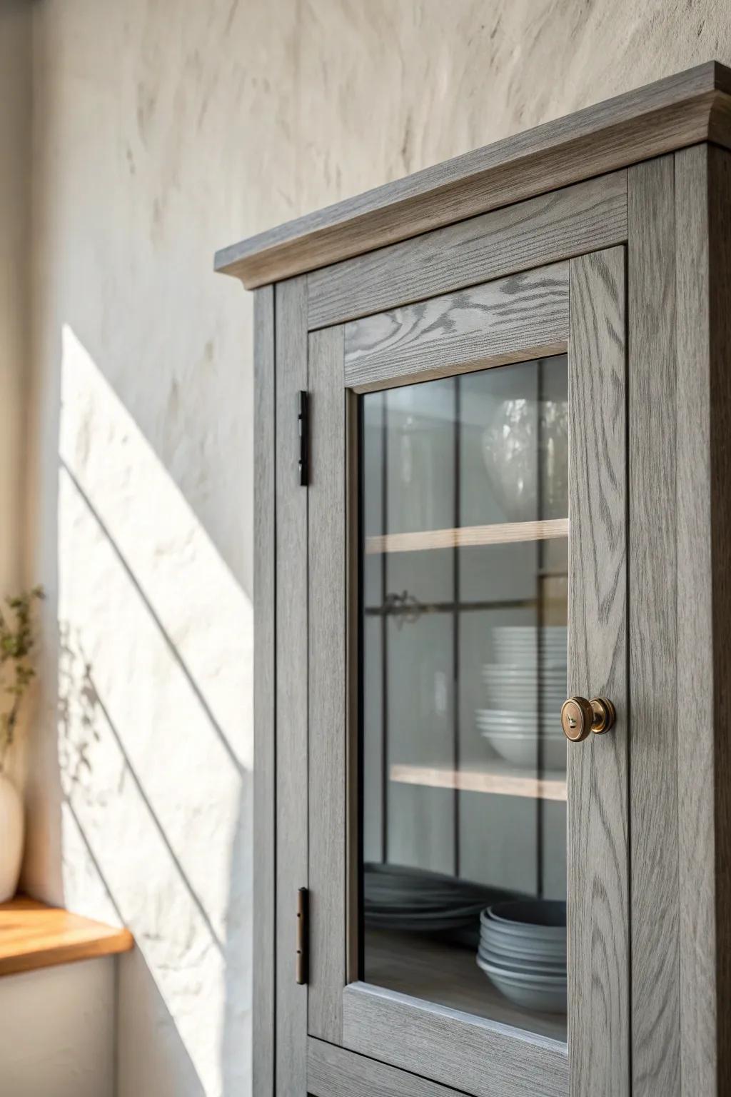 Glass-front uppers lighten gray cabinetry—airy, minimal, and beautifully handcrafted.