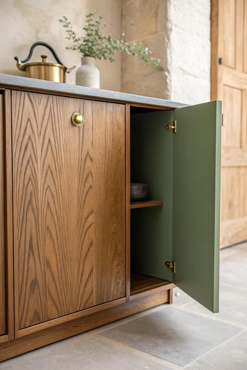 Warm stained oak outside, sage-green cabinet interior—an unexpected pop that feels special.