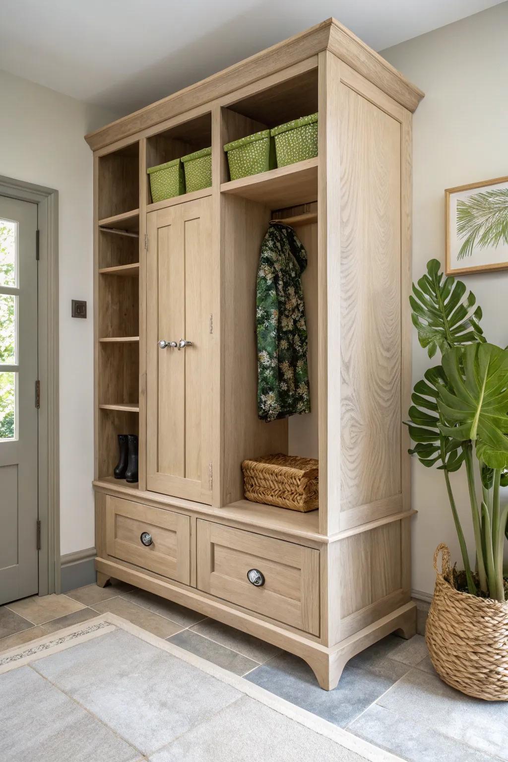 Muted oak outside, leafy-green cubbies inside—an unexpected mudroom pop with artisan warmth.