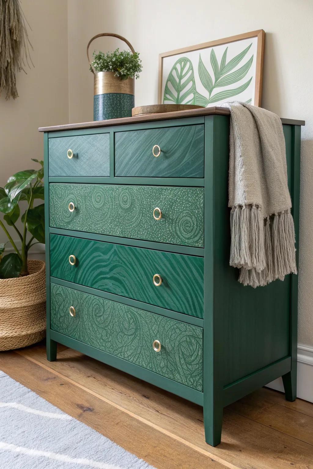 Faux malachite drawer fronts in layered greens—an easy way to turn a plain dresser into art.