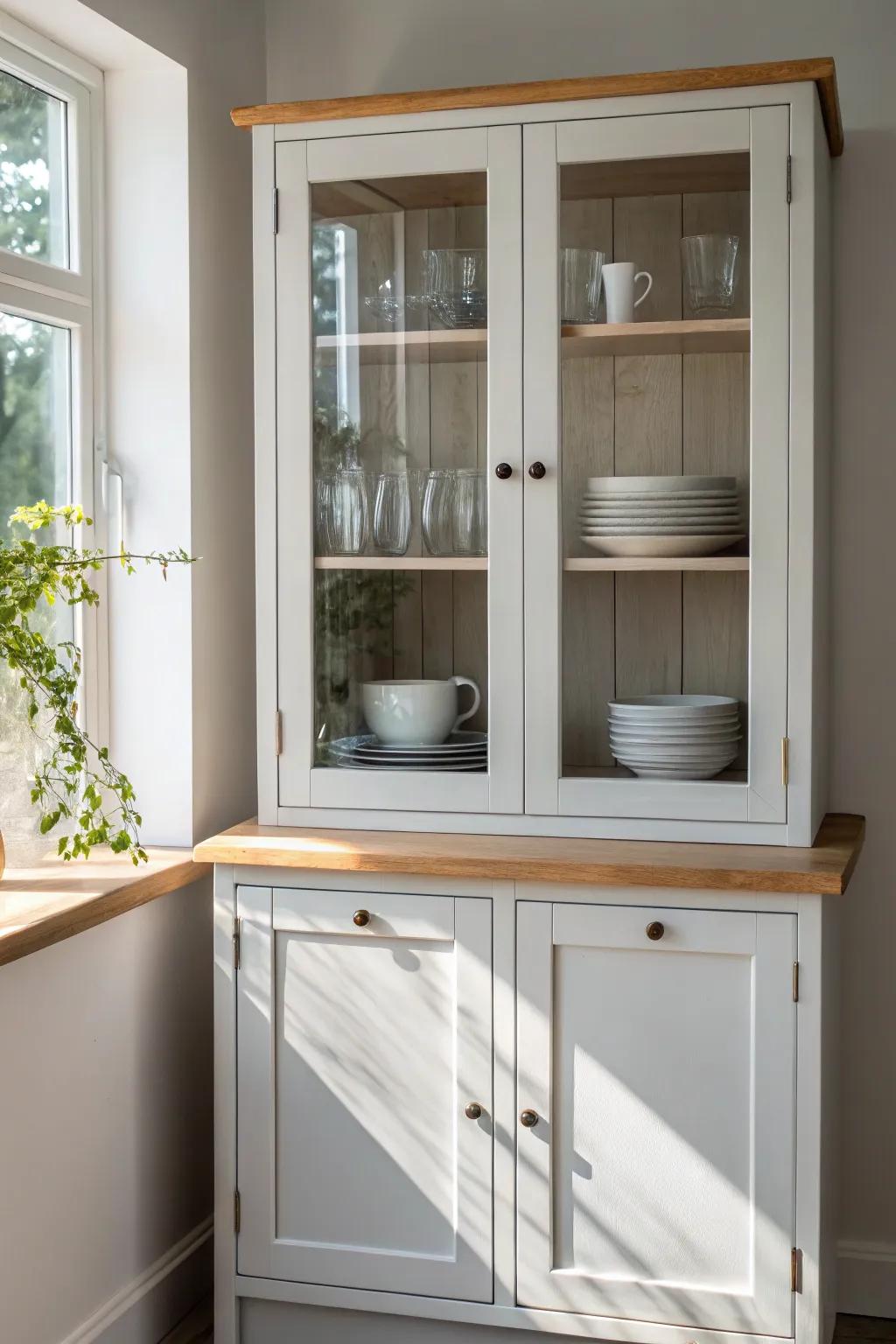 Glass-front white uppers over warm gray lowers—light, airy contrast with crafted minimal charm.