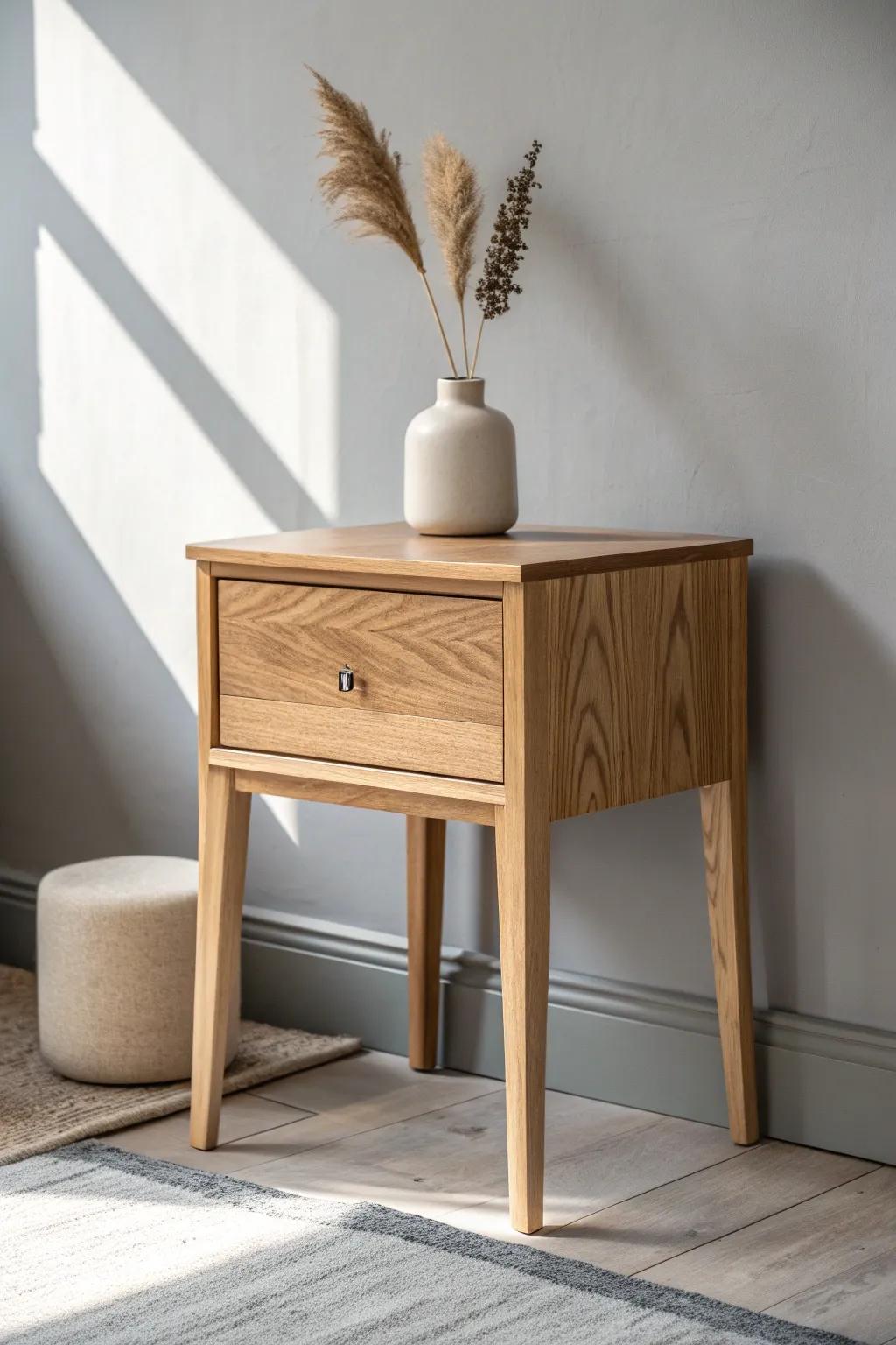 Pale grey walls + light oak nightstand—clean lines that make the wood grain glow.
