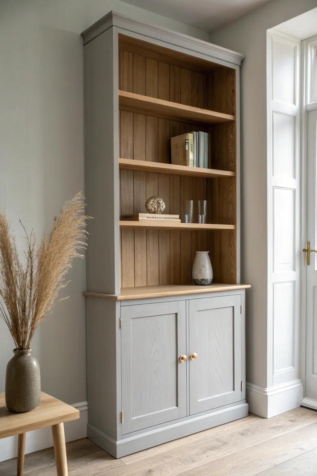 Soft grey built-ins with a warm oak niche add custom contrast without feeling heavy.