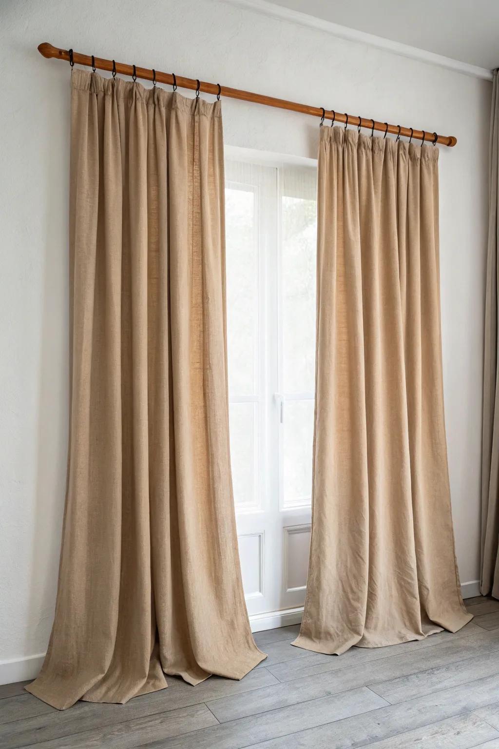 Warm linen curtains add soft texture from ceiling to floor, calming cool gray wood flooring.