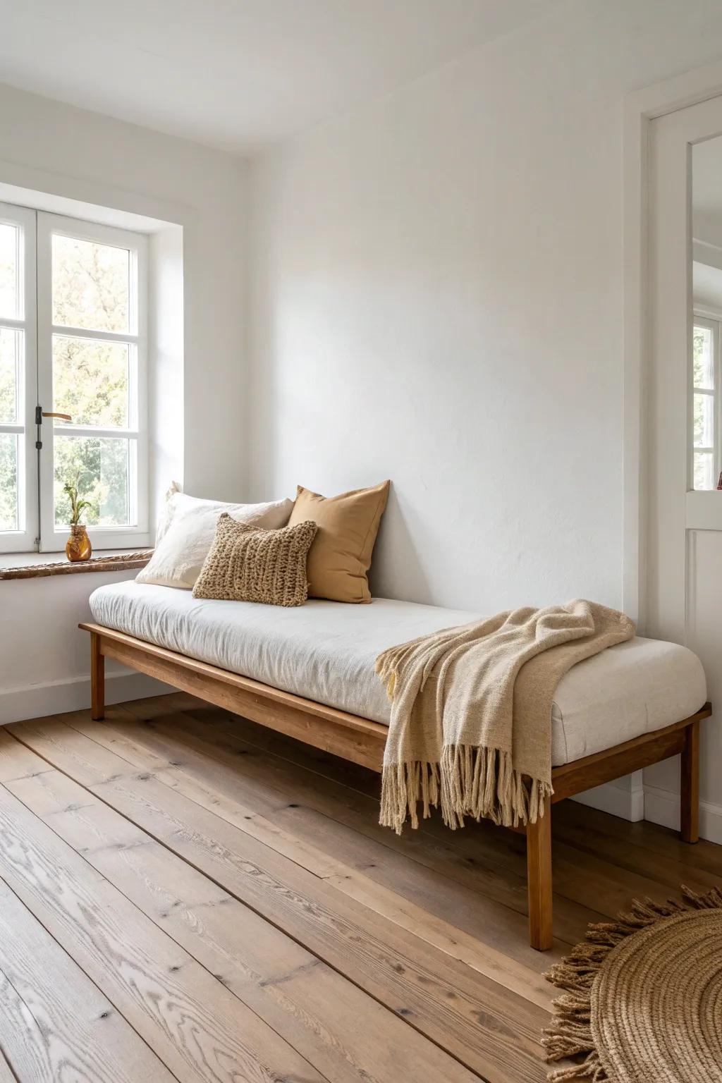 A narrow guest room layout: place the daybed longways for an airy, easy walkway.