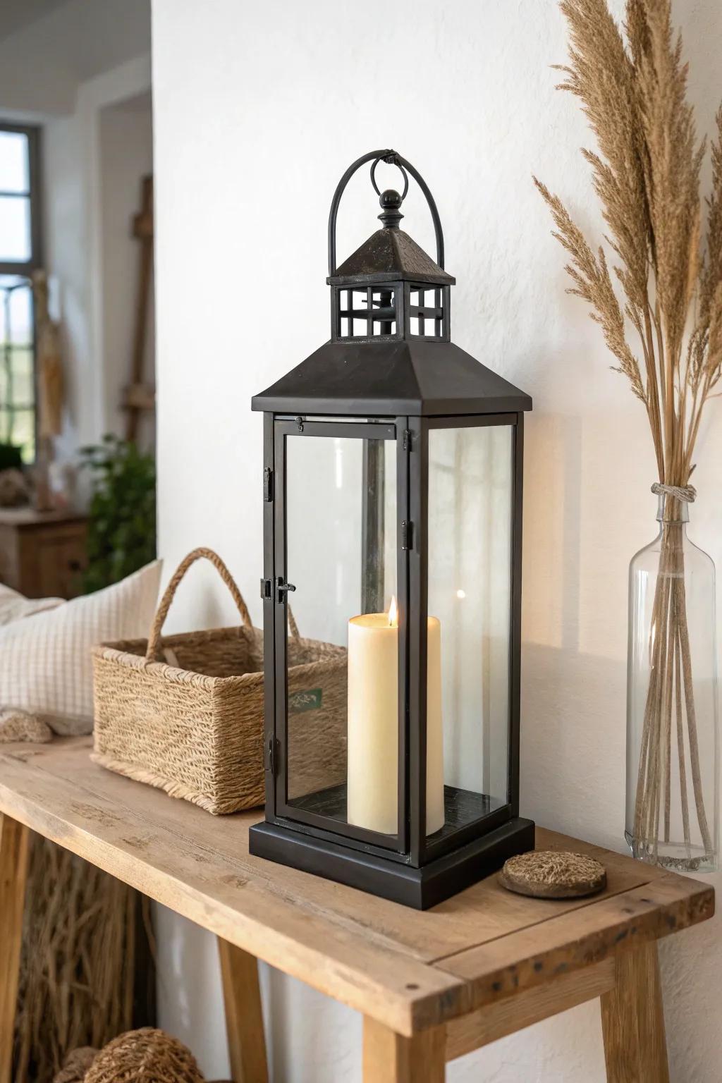 A vintage lantern adds cozy height to your half moon table—simple, warm, and timeless.