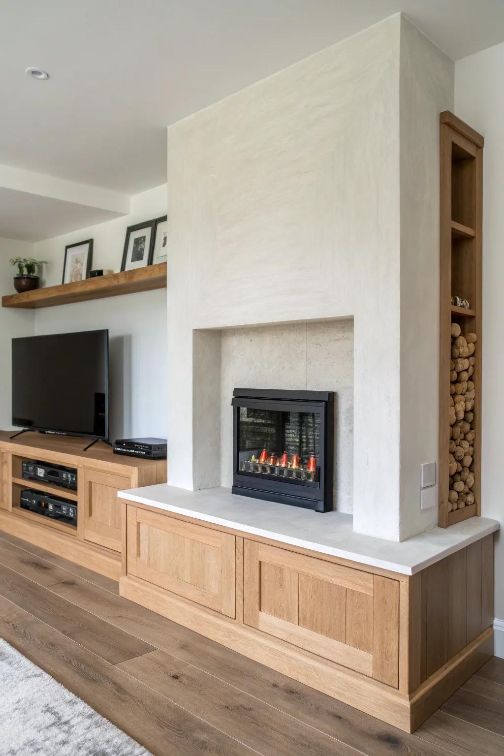 Clean half-wall fireplace with a hidden wiring niche—cord-free calm, crafted in light oak.
