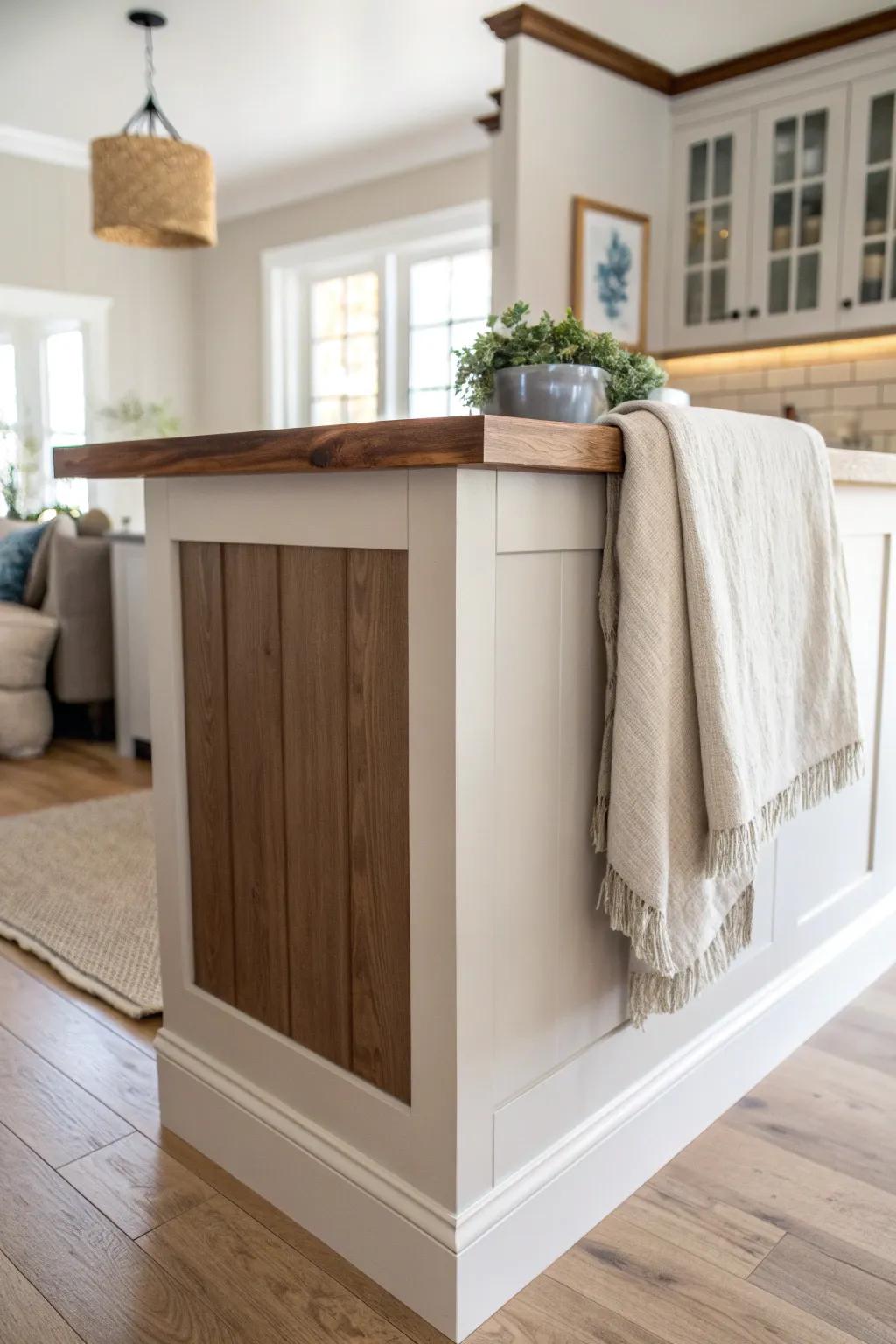 Two-tone half wall topped with a butcher block cap—warm, durable, and beautifully minimal.